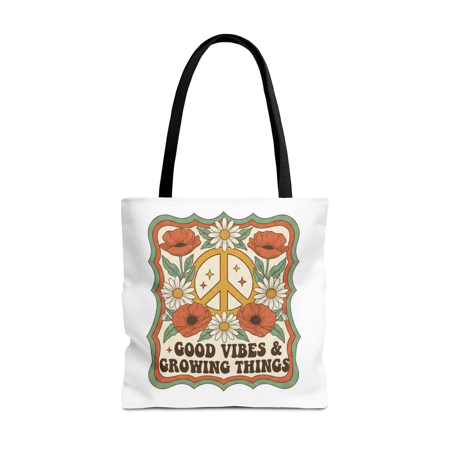 🌿 Retro Floral Tote Bag – “Good Vibes & Growing Things