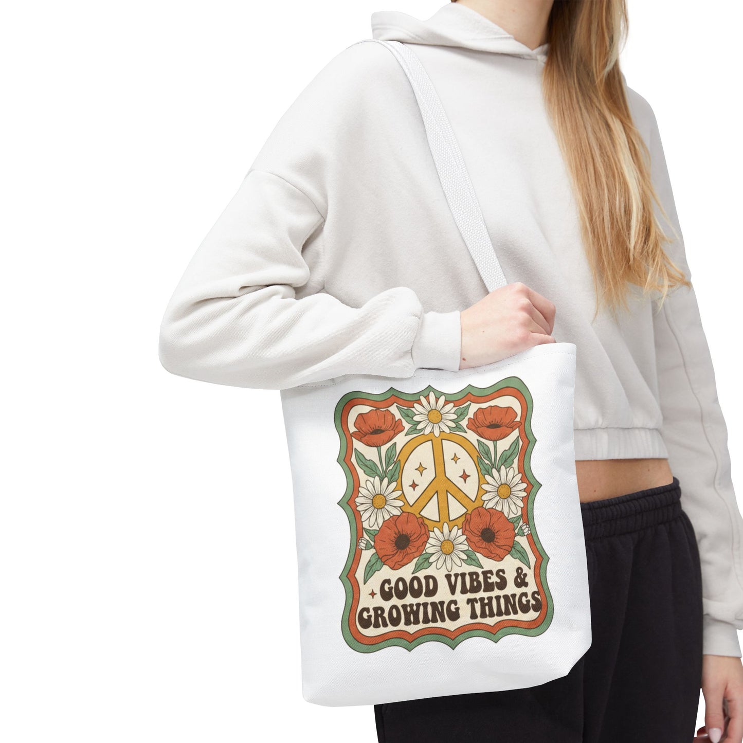 🌿 Retro Floral Tote Bag – “Good Vibes & Growing Things