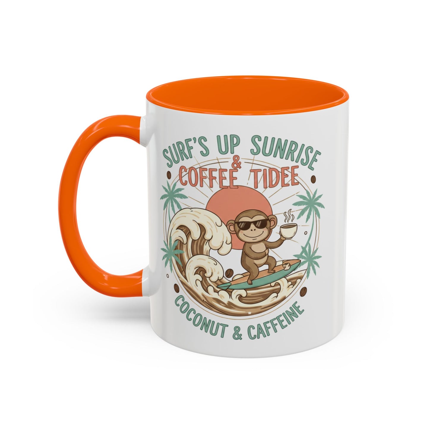 Coffee Mug “Surf’s Up Sunrise: Coconut & Caffeine” Tropical Surf Monkey Accent Mug