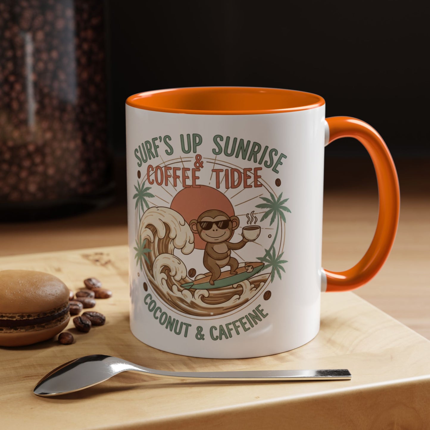 Coffee Mug “Surf’s Up Sunrise: Coconut & Caffeine” Tropical Surf Monkey Accent Mug