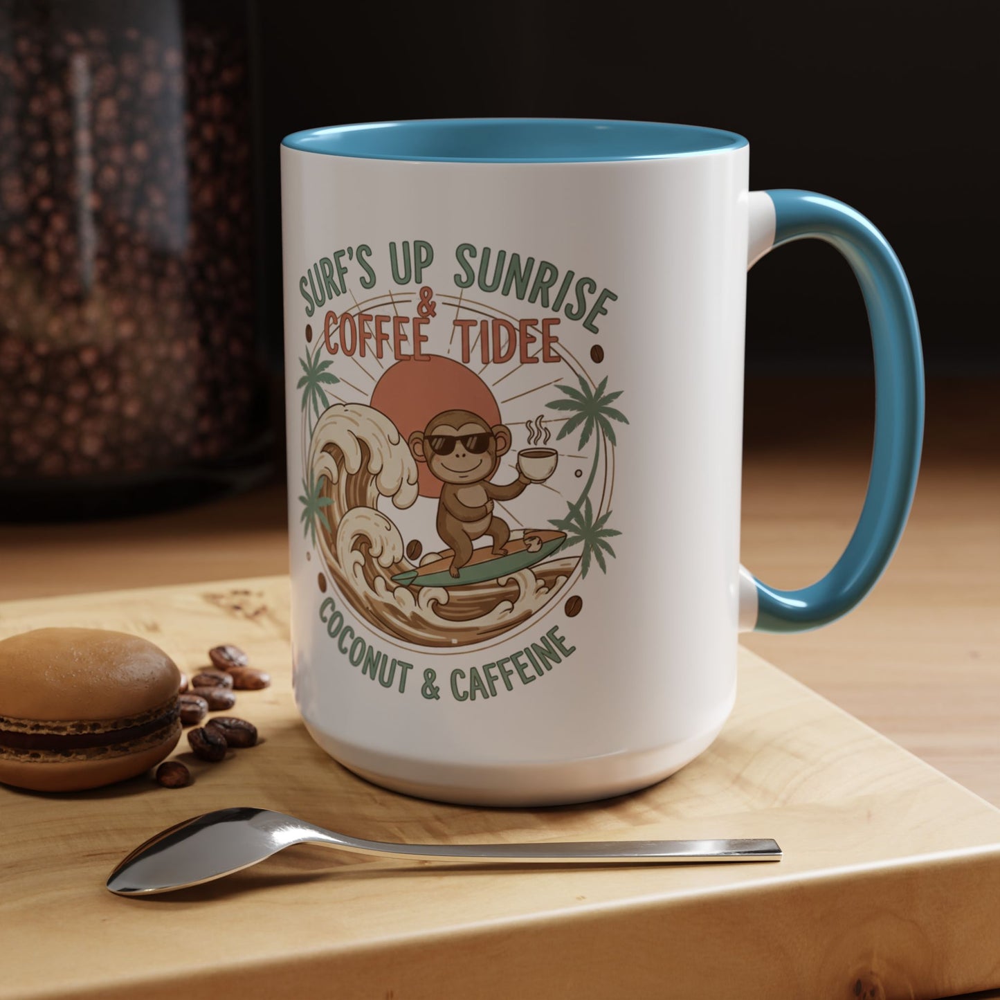 Coffee Mug “Surf’s Up Sunrise: Coconut & Caffeine” Tropical Surf Monkey Accent Mug
