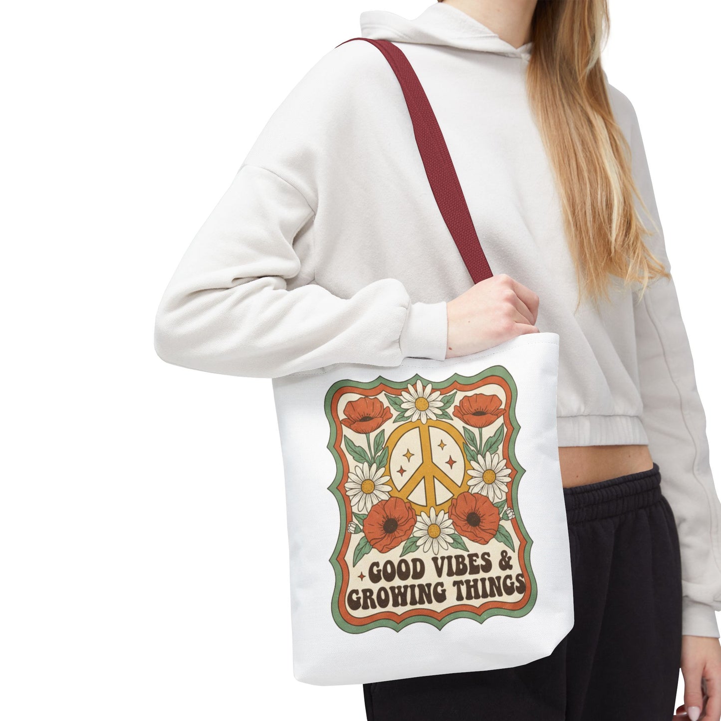 🌿 Retro Floral Tote Bag – “Good Vibes & Growing Things