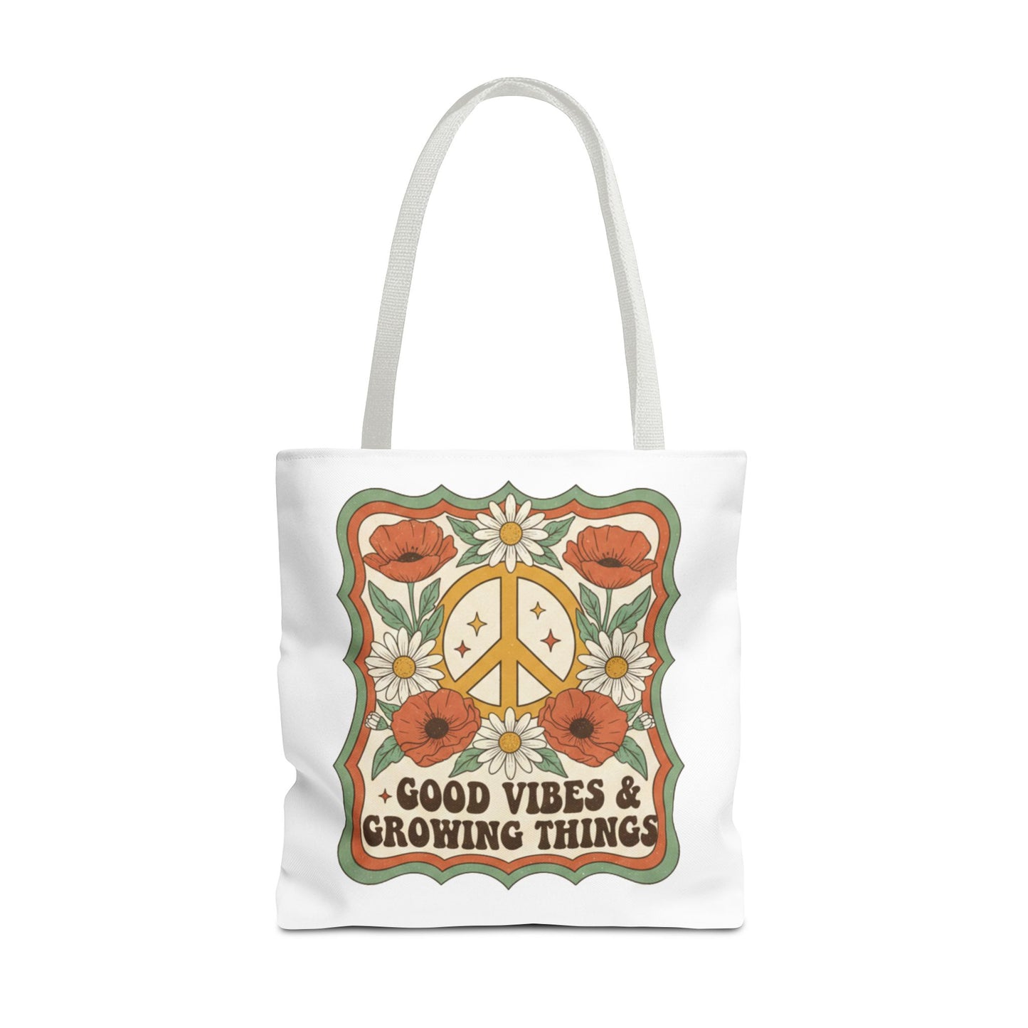 🌿 Retro Floral Tote Bag – “Good Vibes & Growing Things
