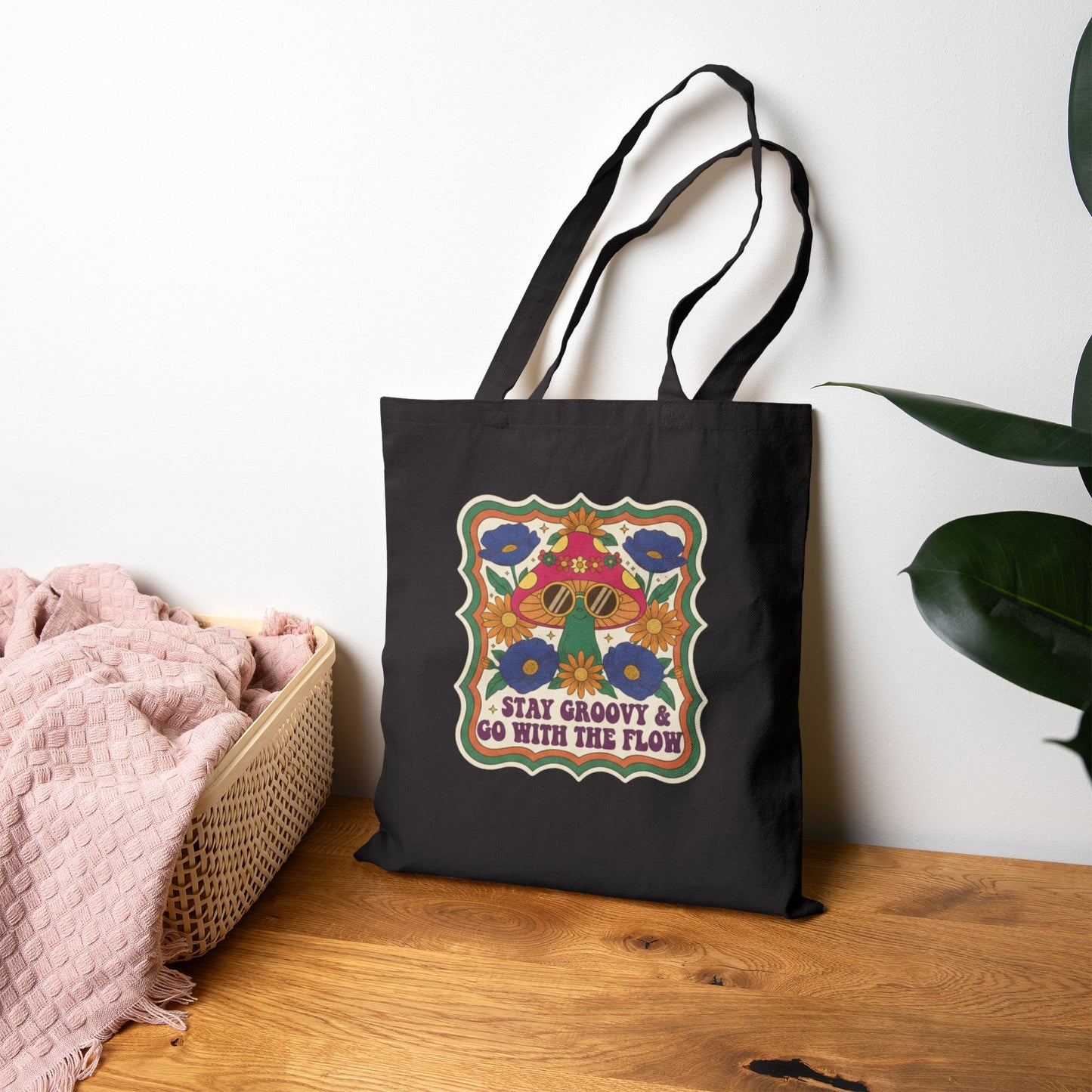 Retro Mushroom Canvas Tote Bag | 70s Vintage Boho Floral Gift