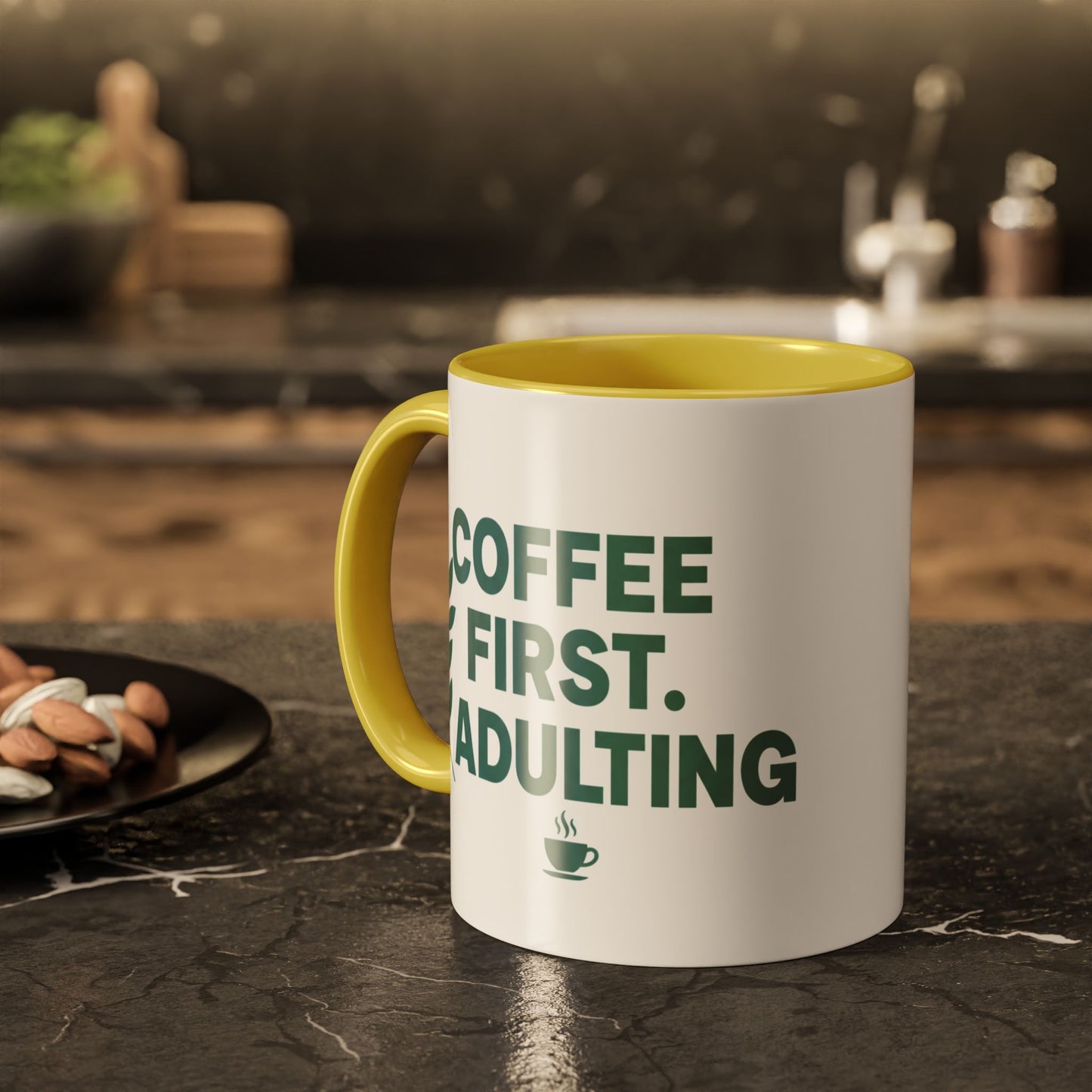 Funny Coffee Mug "Coffee First, Adulting Later" Color Accent Ceramic Mug