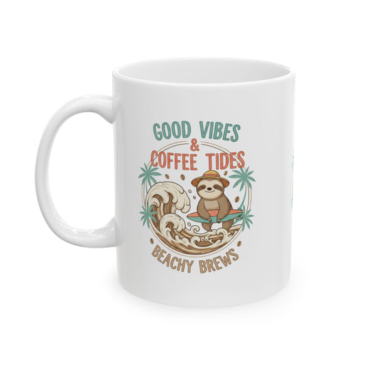 Good Vibes & Coffee Tides Ceramic Mug Beachy Brews Sloth Coffee Cup