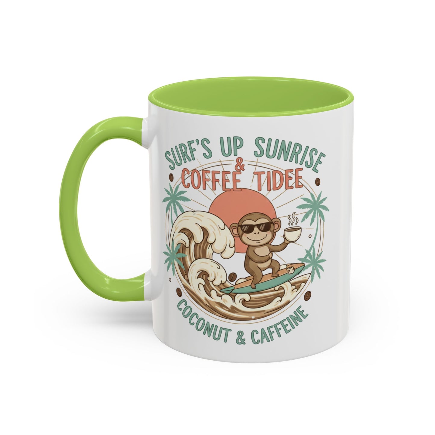 Coffee Mug “Surf’s Up Sunrise: Coconut & Caffeine” Tropical Surf Monkey Accent Mug