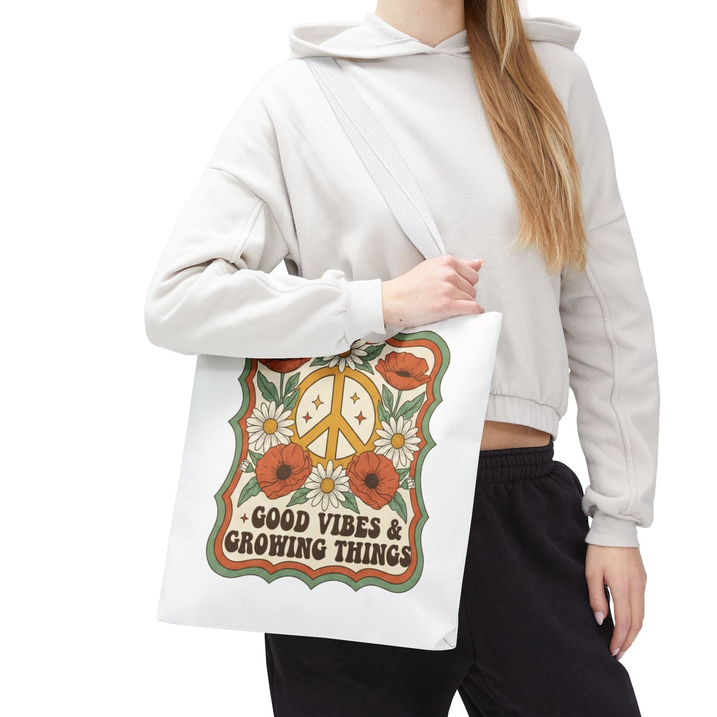 🌿 Retro Floral Tote Bag – “Good Vibes & Growing Things