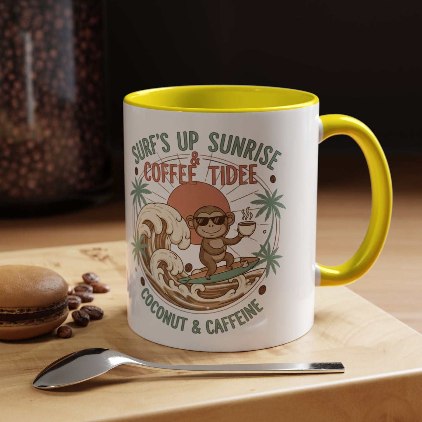 Coffee Mug “Surf’s Up Sunrise: Coconut & Caffeine” Tropical Surf Monkey Accent Mug