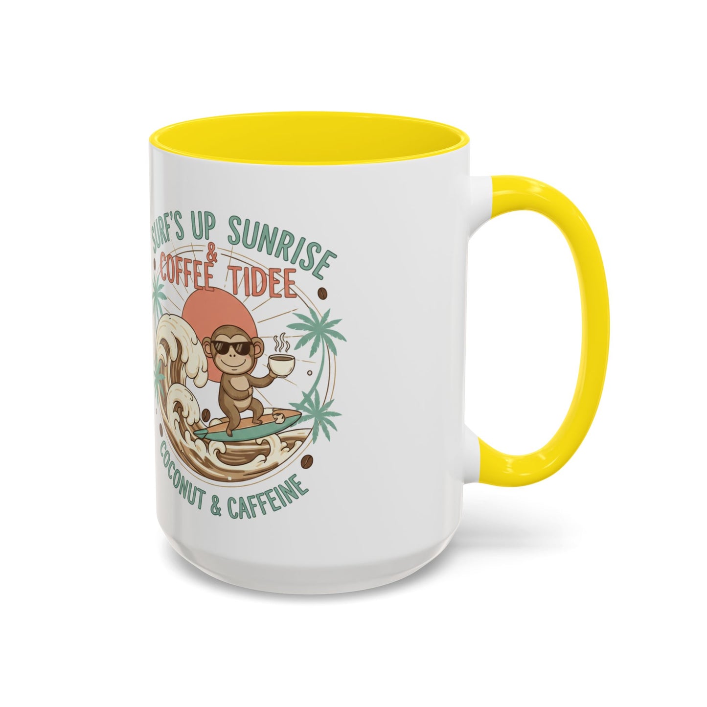 Coffee Mug “Surf’s Up Sunrise: Coconut & Caffeine” Tropical Surf Monkey Accent Mug
