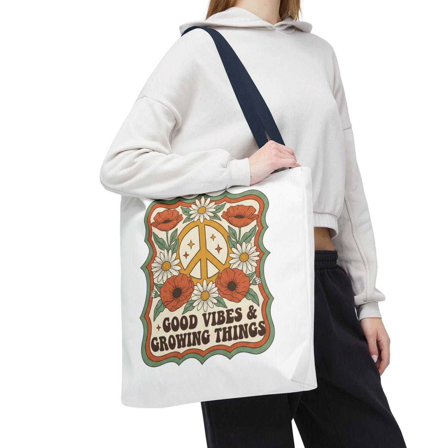 🌿 Retro Floral Tote Bag – “Good Vibes & Growing Things