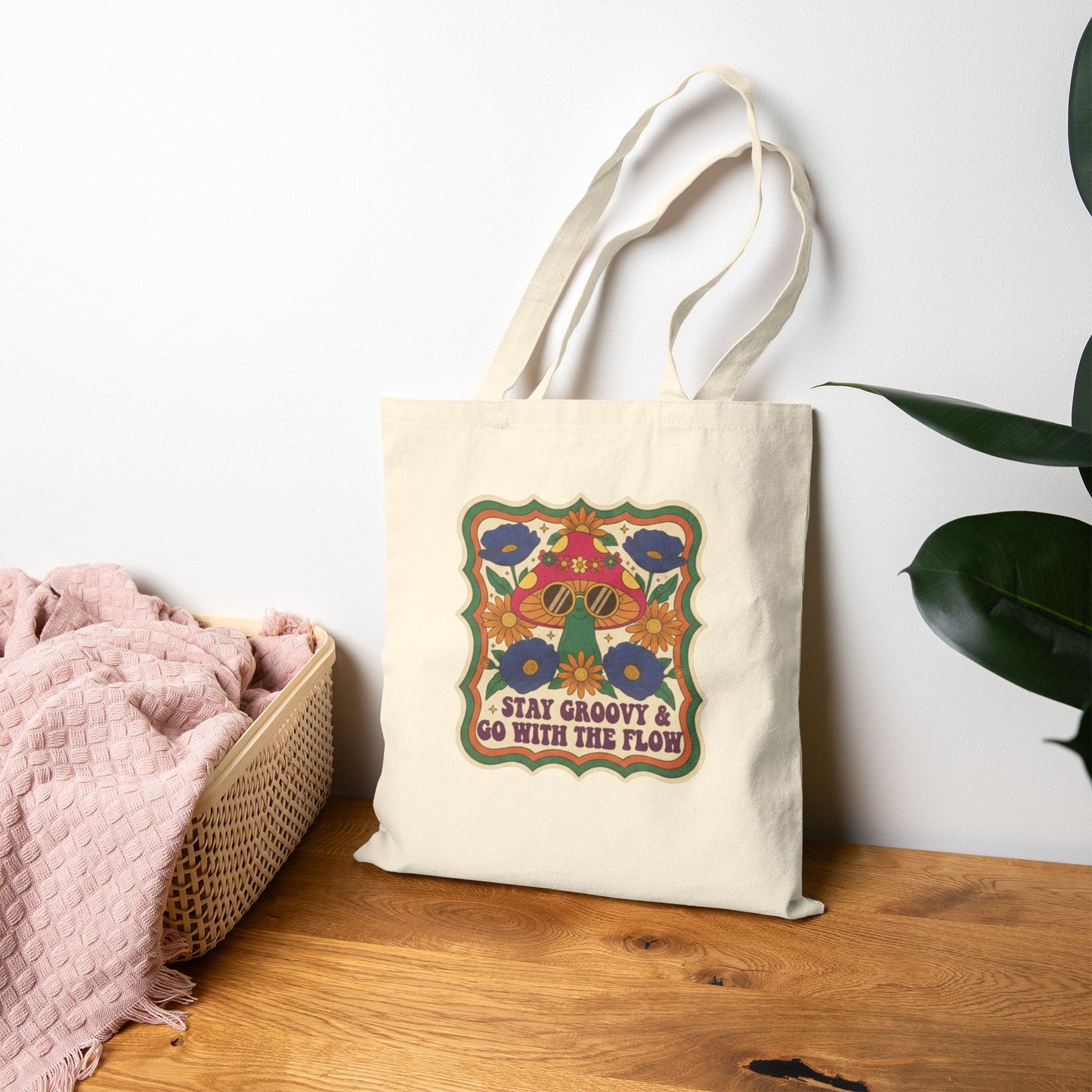 Retro Mushroom Canvas Tote Bag | 70s Vintage Boho Floral Gift