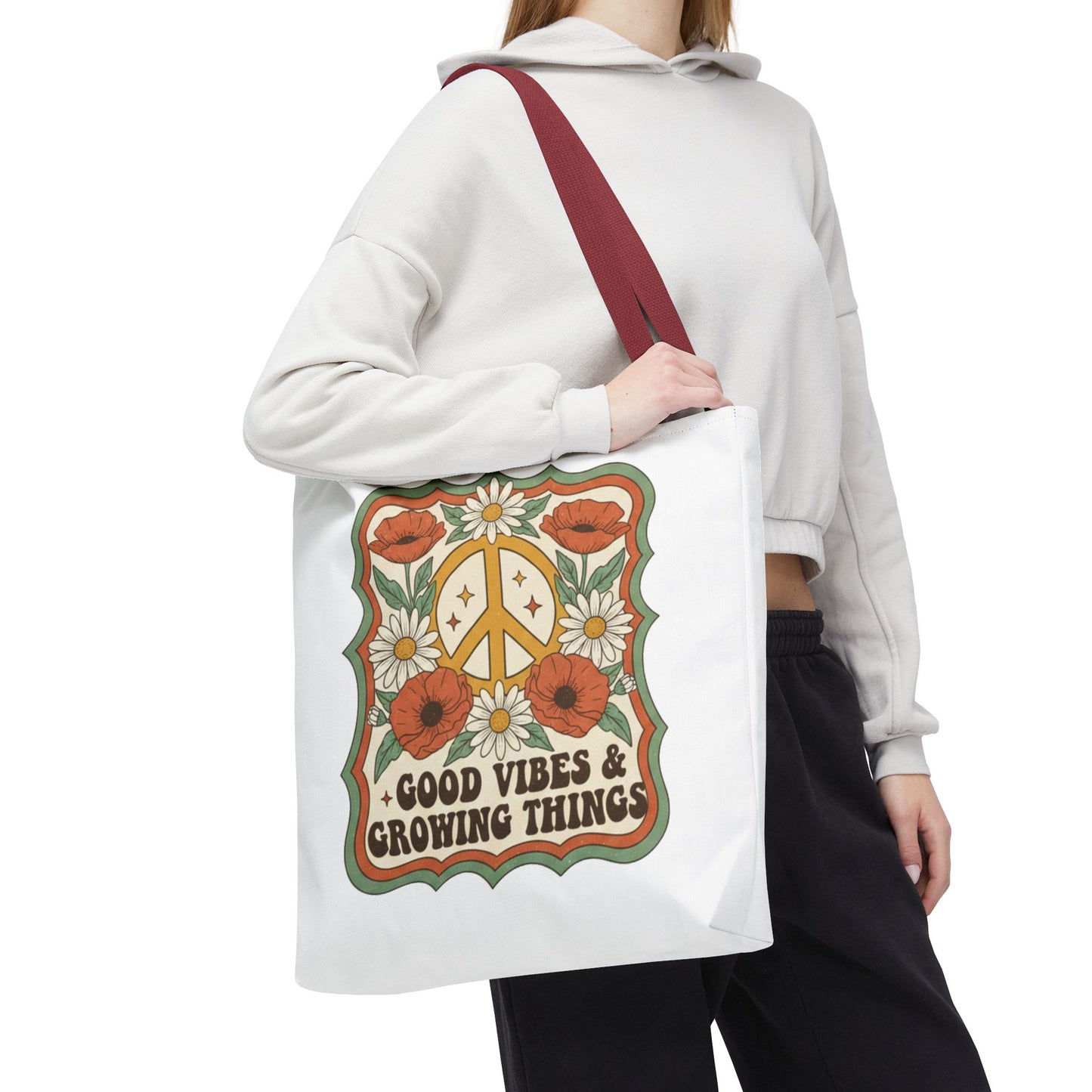 🌿 Retro Floral Tote Bag – “Good Vibes & Growing Things