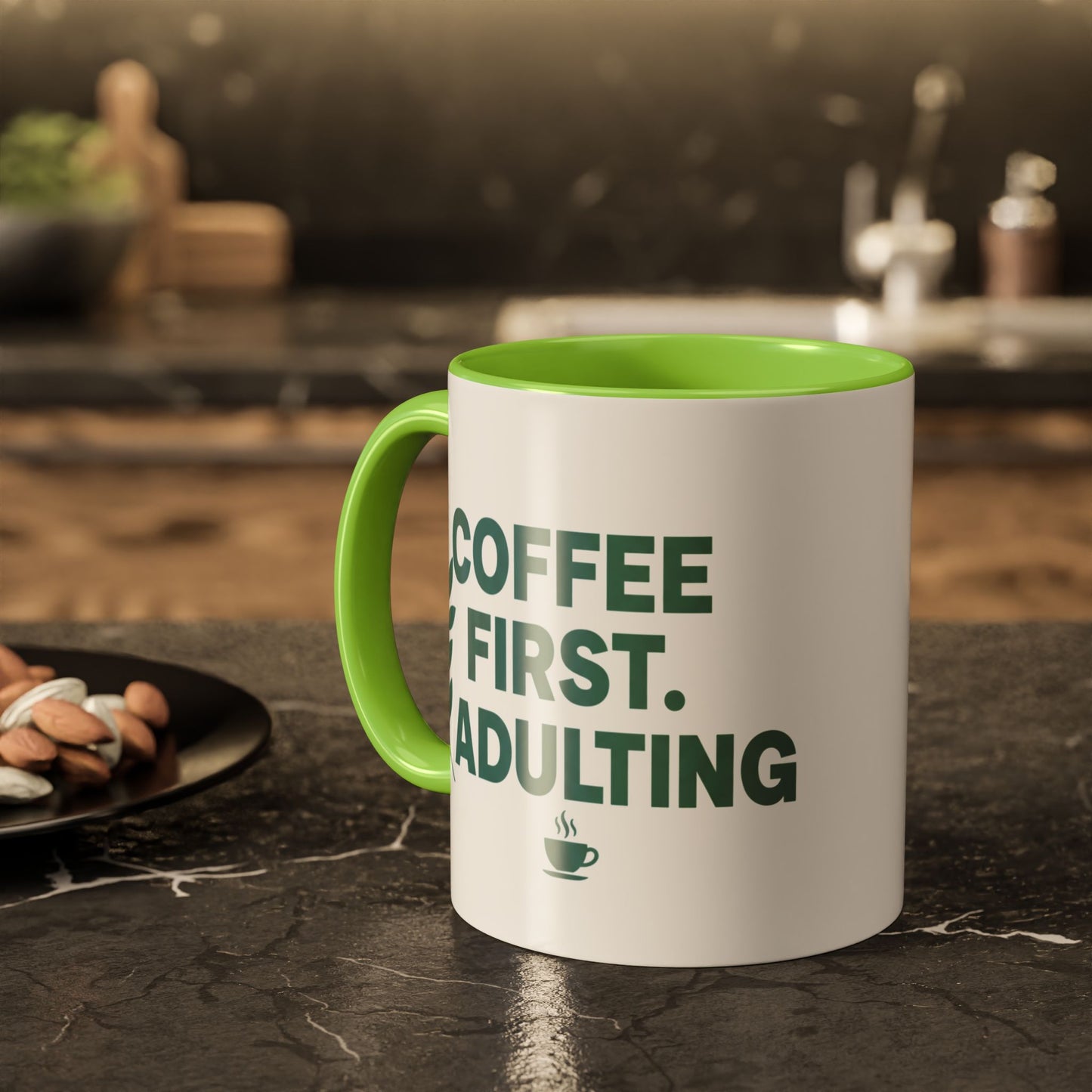 Funny Coffee First Adulting Later Ceramic Mug | 15oz White Gift Cup