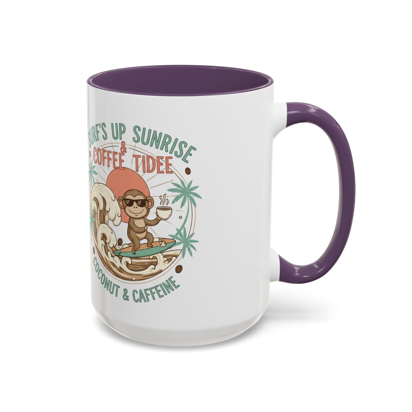 Coffee Mug “Surf’s Up Sunrise: Coconut & Caffeine” Tropical Surf Monkey Accent Mug