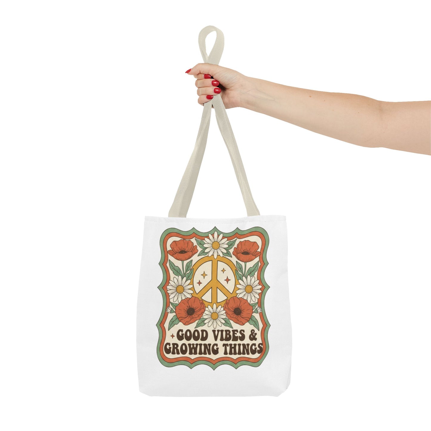 🌿 Retro Floral Tote Bag – “Good Vibes & Growing Things