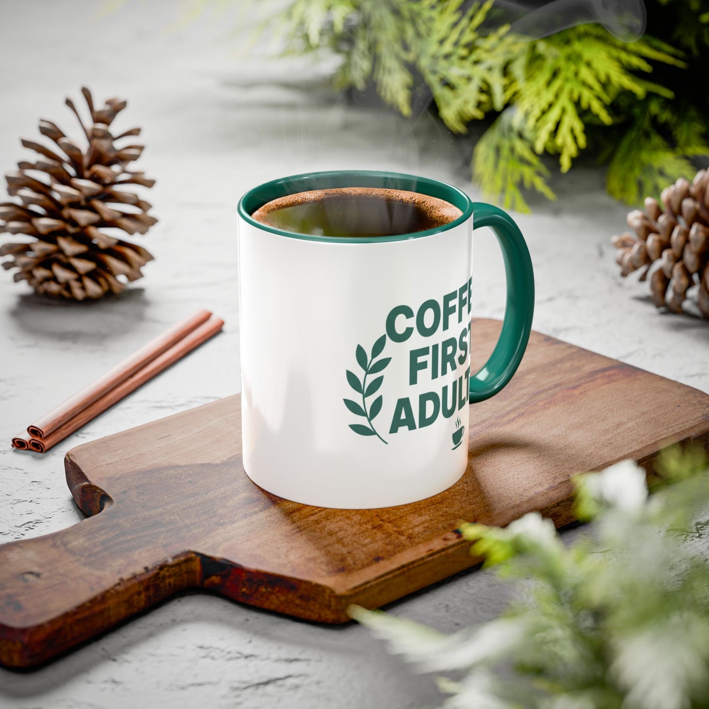 Funny Coffee Mug "Coffee First, Adulting Later" Color Accent Ceramic Mug