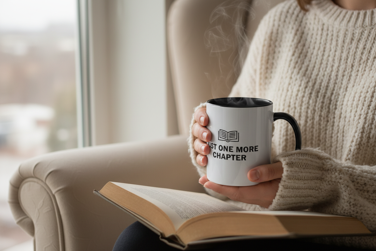 Book Lover Ceramic Coffee Mug - "Just One More Chapter" Reading Gift