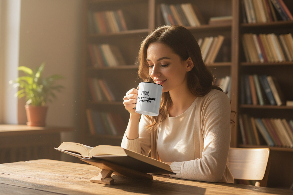 Book Lover Ceramic Coffee Mug - "Just One More Chapter" Reading Gift
