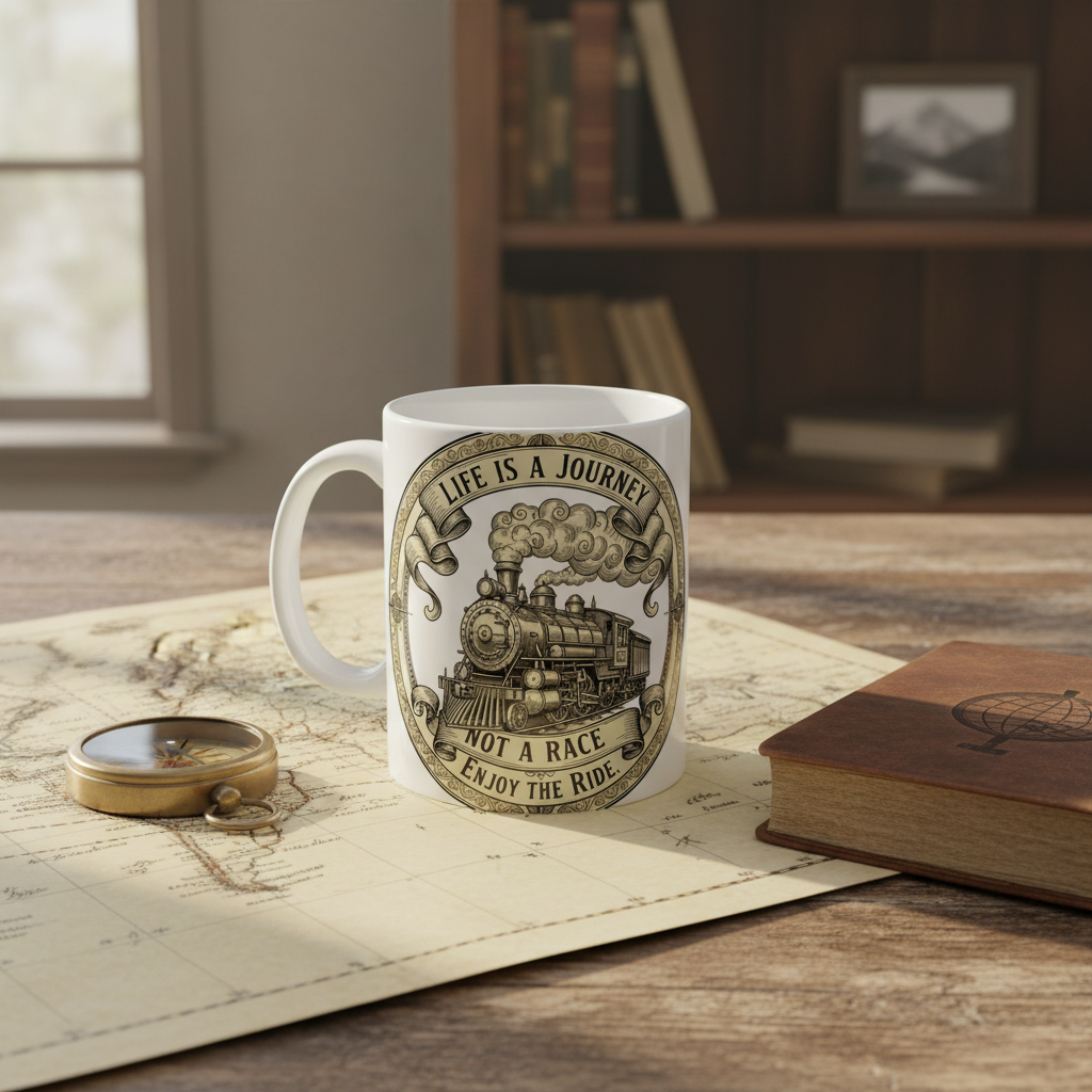 Life is a Journey Ceramic Coffee Mug | Vintage Steam Train | Inspirational Travel Gift