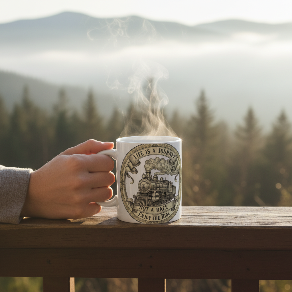 Life is a Journey Ceramic Coffee Mug | Vintage Steam Train | Inspirational Travel Gift