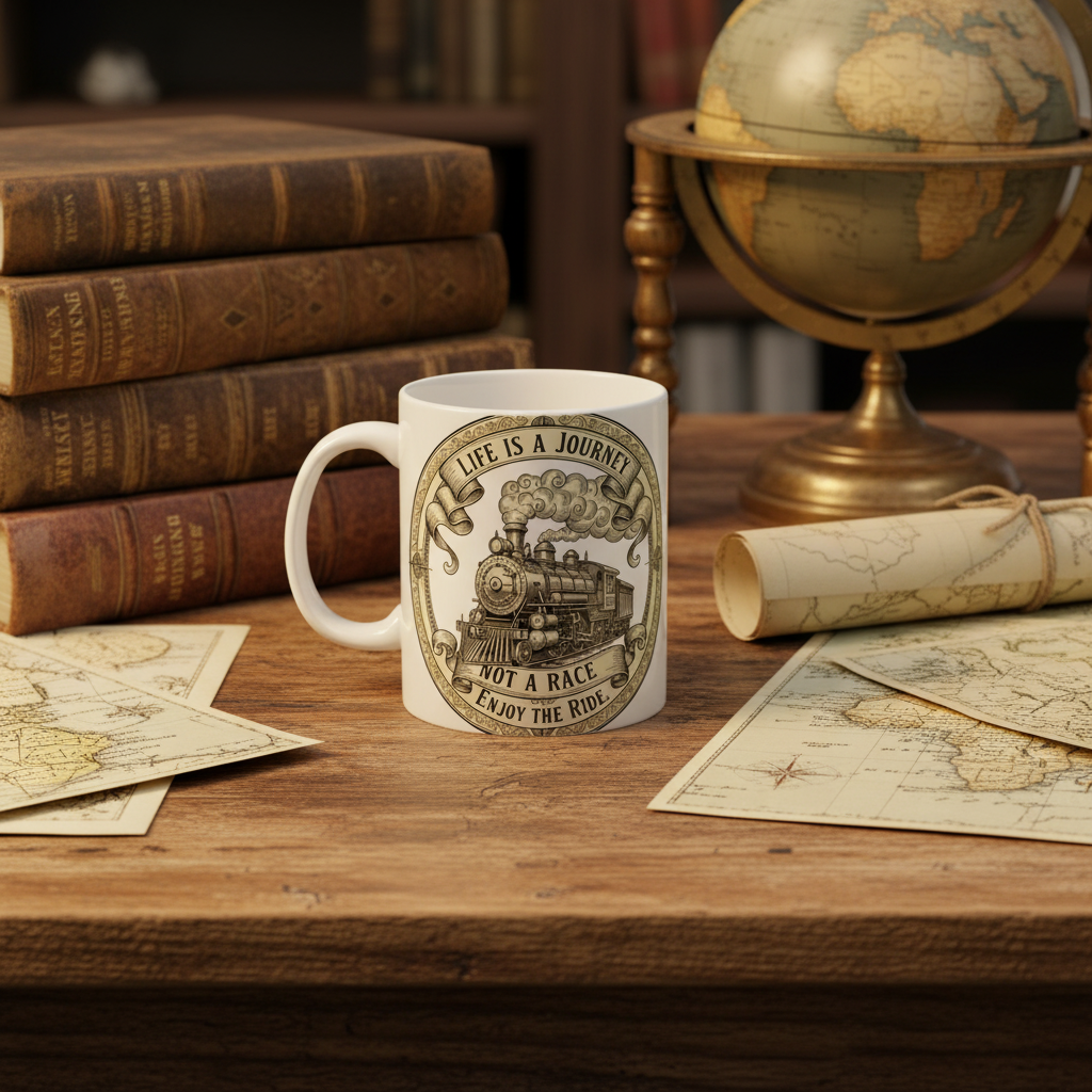 Life is a Journey Ceramic Coffee Mug | Vintage Steam Train | Inspirational Travel Gift