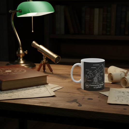 Astronomy Blueprint Ceramic Coffee Mug | Telescope Diagram 'Powered by Starlight & Caffeine' Gift