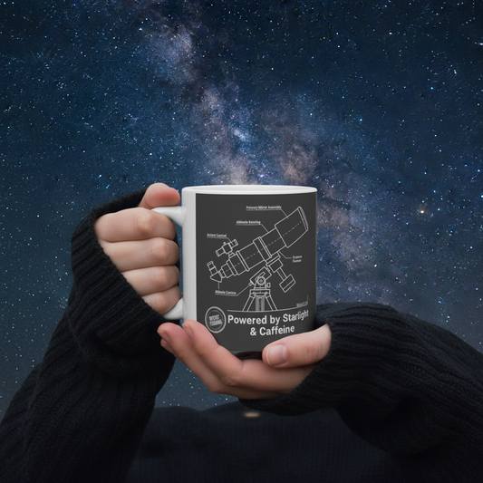 Astronomy Blueprint Ceramic Coffee Mug | Telescope Diagram 'Powered by Starlight & Caffeine' Gift