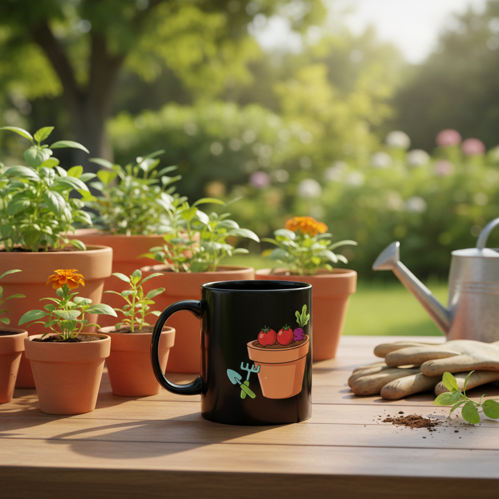 Veggie Garden Black Ceramic Coffee Mug | 15oz Plant Lover Gift