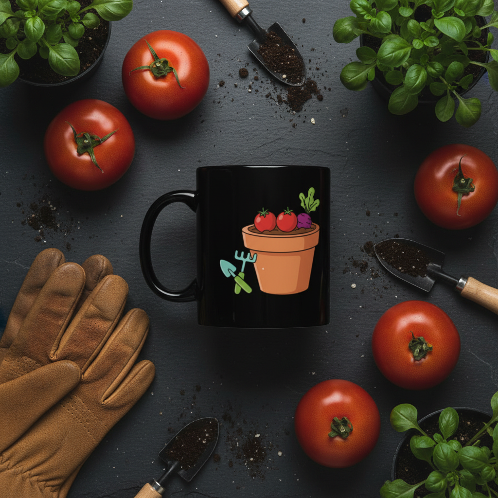 Veggie Garden Black Ceramic Coffee Mug | 15oz Plant Lover Gift