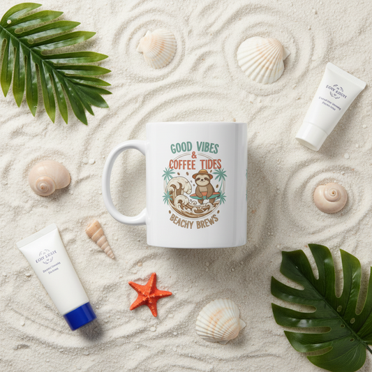 Good Vibes & Coffee Tides Ceramic Mug Beachy Brews Sloth Coffee Cup