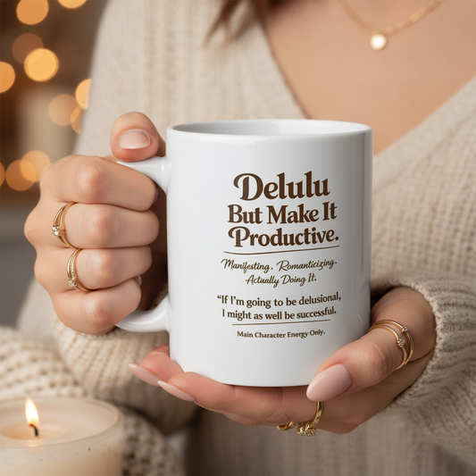 Delulu But Make It Productive Mug – Main Character Energy Coffee Cup – Funny Motivational Gift for Best Friend, Student, Entrepreneur