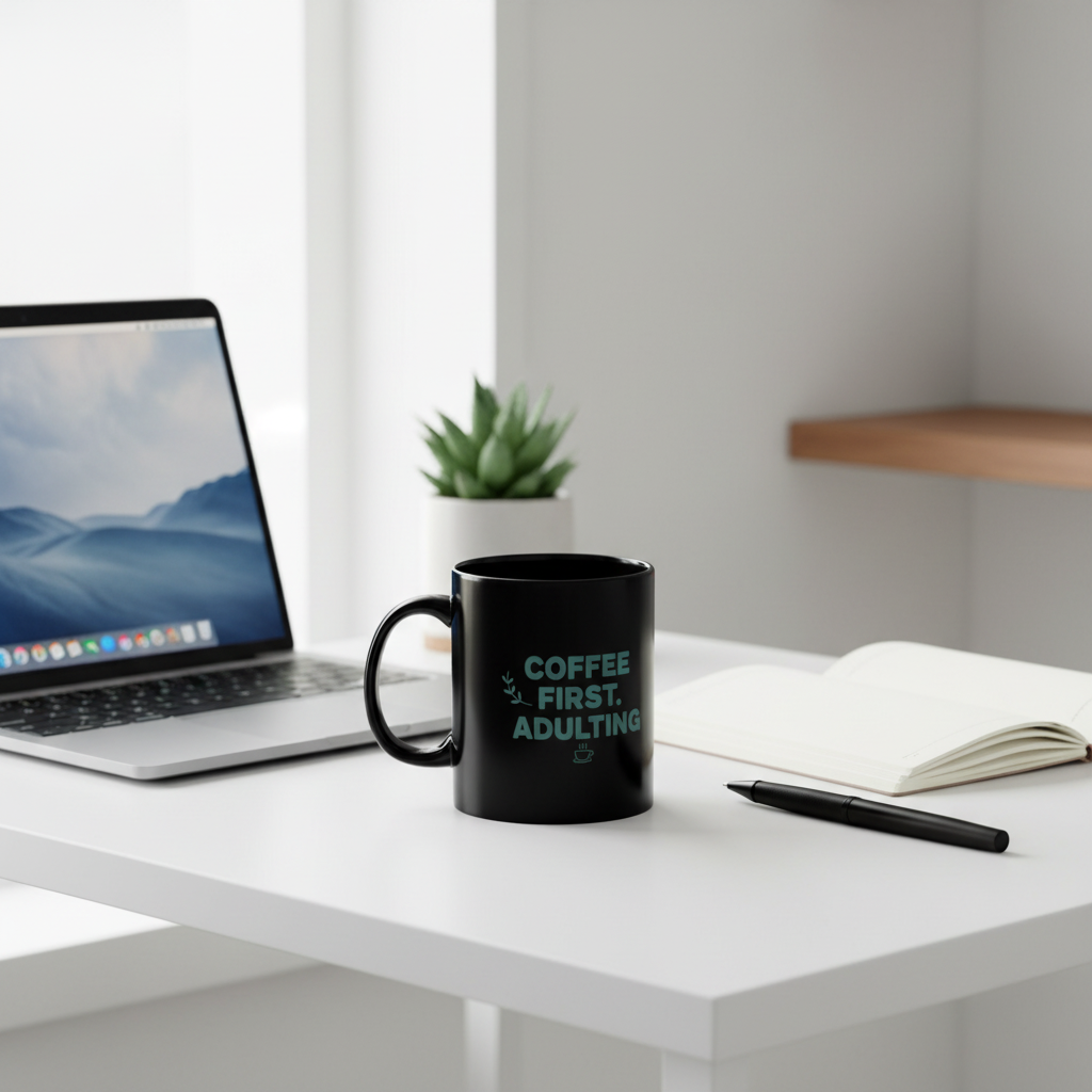 Black Ceramic Minimalist Text Coffee Mug | 15oz Sleek Desk Gift