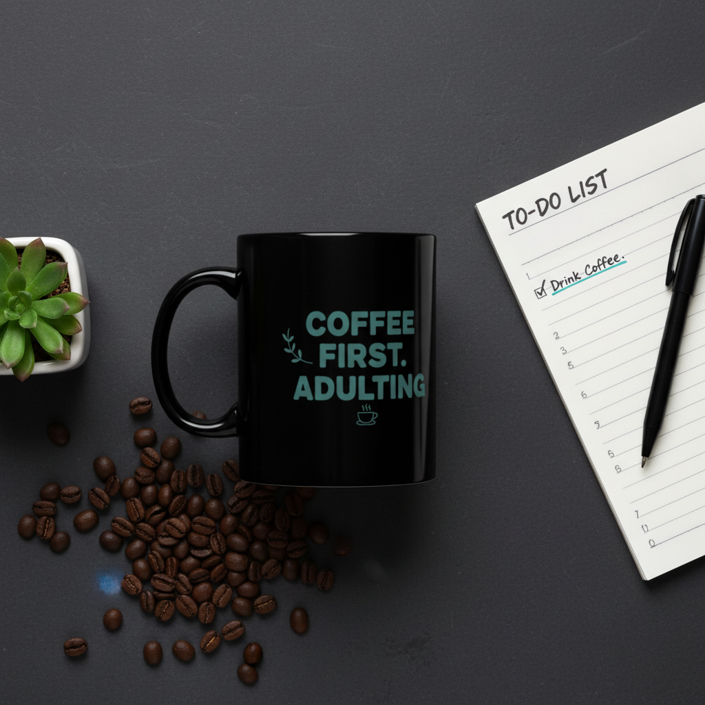 Black Ceramic Minimalist Text Coffee Mug | 15oz Sleek Desk Gift