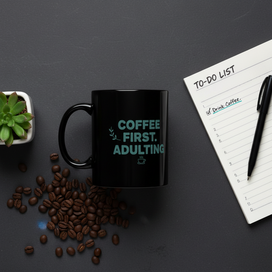 Black Ceramic Minimalist Text Coffee Mug | 15oz Sleek Desk Gift