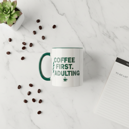 Funny Coffee First Adulting Later Ceramic Mug | 15oz White Gift Cup