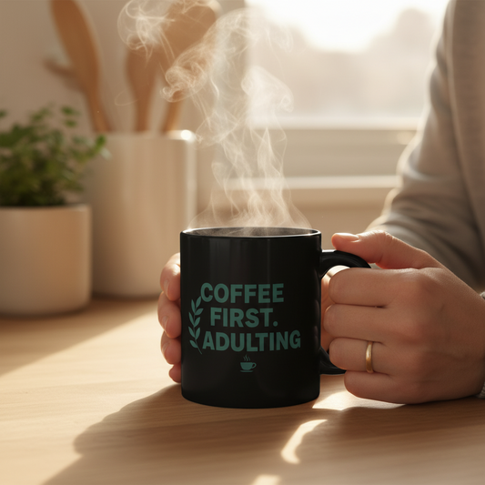 Coffee First Adulting Mug Funny Coffee Lover Black Ceramic Mug (11oz/15oz)