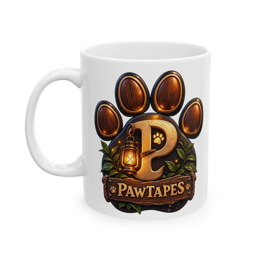 PawTapes™ Logo Ceramic Mug — Rustic Paw Print Coffee Cup for Pet Lovers