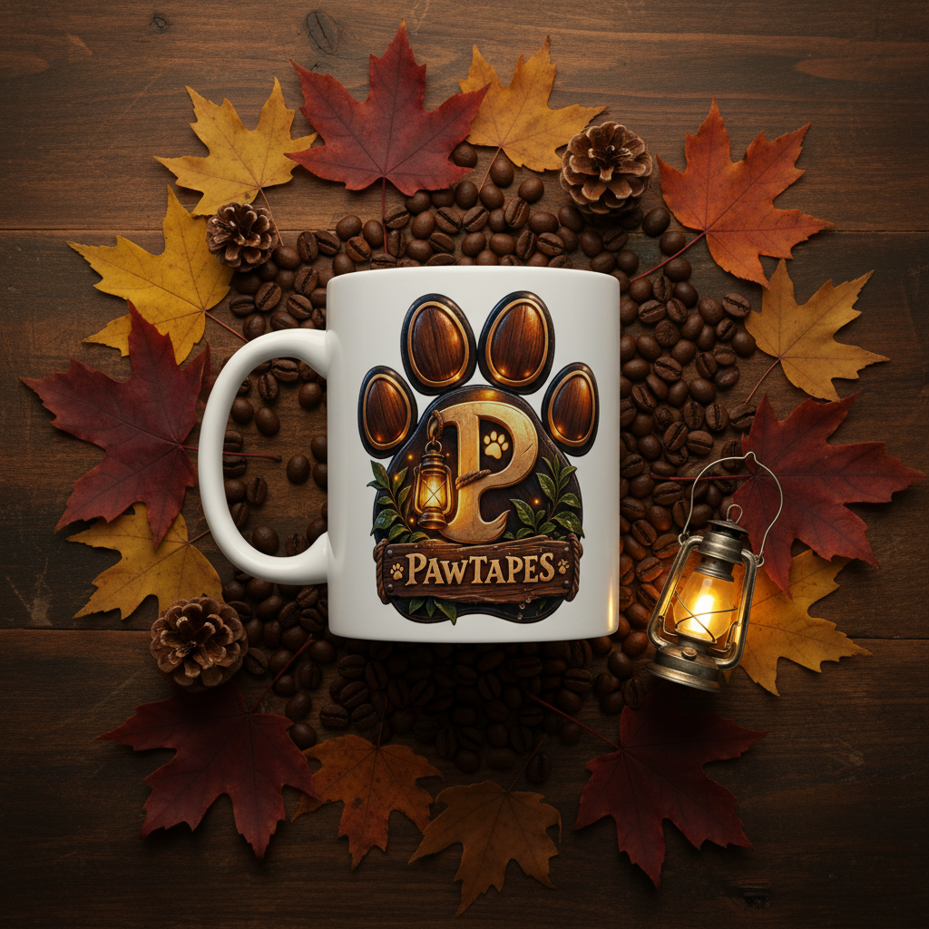 PawTapes™ Logo Ceramic Mug — Rustic Paw Print Coffee Cup for Pet Lovers