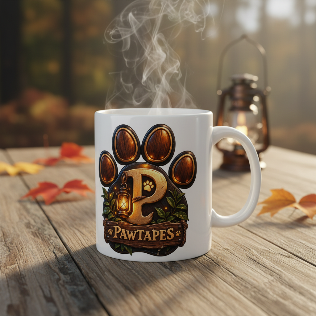 PawTapes™ Logo Ceramic Mug — Rustic Paw Print Coffee Cup for Pet Lovers