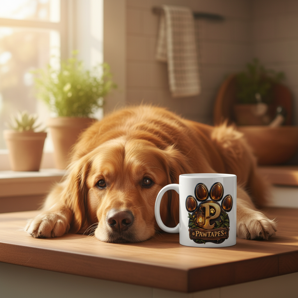 PawTapes™ Logo Ceramic Mug — Rustic Paw Print Coffee Cup for Pet Lovers