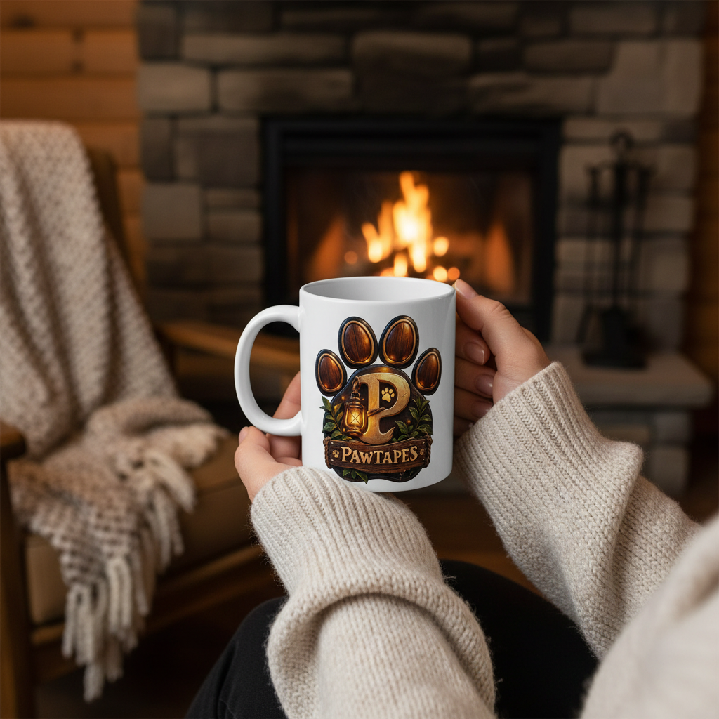 PawTapes™ Logo Ceramic Mug — Rustic Paw Print Coffee Cup for Pet Lovers