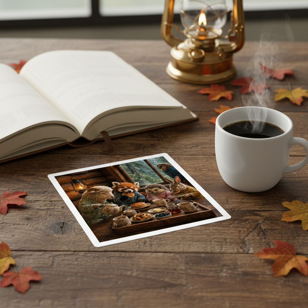 Cozy Woodland Tea Party Kiss-Cut Sticker — Red Panda, Bunny & Friends