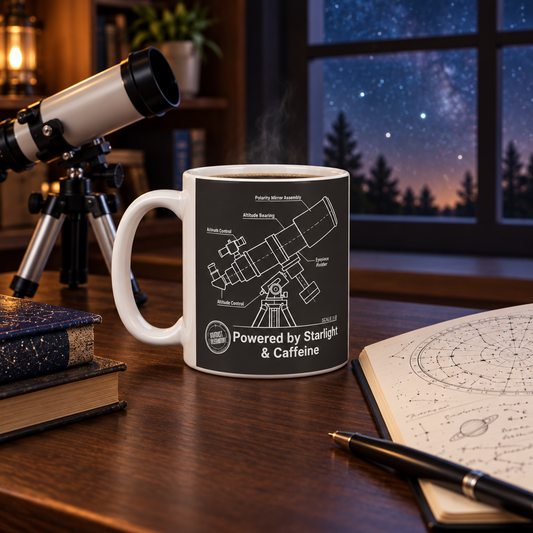 Astronomy Blueprint Ceramic Coffee Mug | Telescope Diagram 'Powered by Starlight & Caffeine' Gift