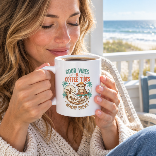 Good Vibes & Coffee Tides Sloth Mug | 11oz Beach Gift