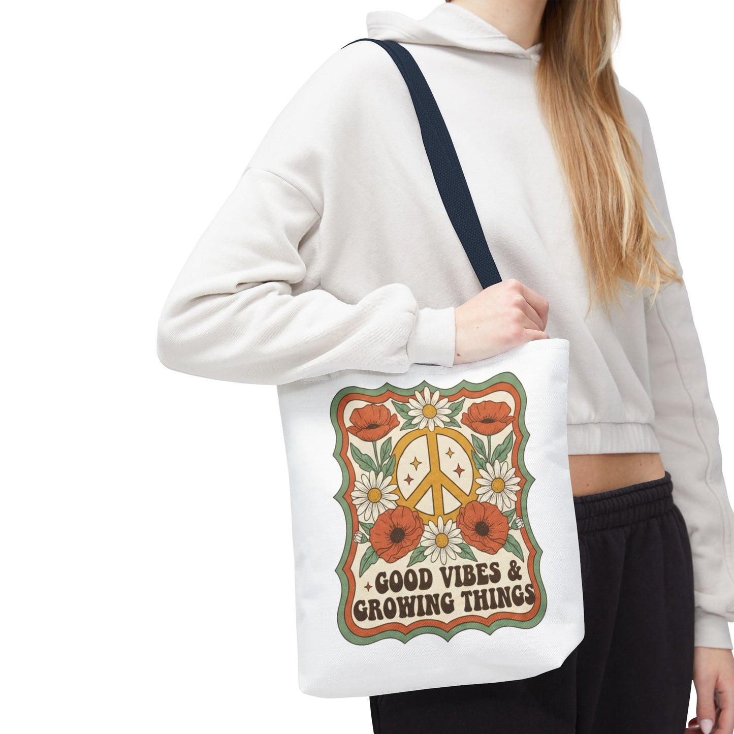 🌿 Retro Floral Tote Bag – “Good Vibes & Growing Things