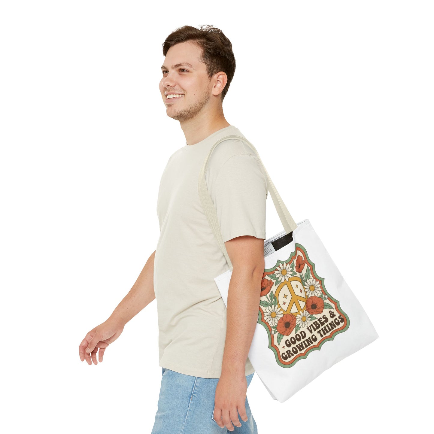 🌿 Retro Floral Tote Bag – “Good Vibes & Growing Things