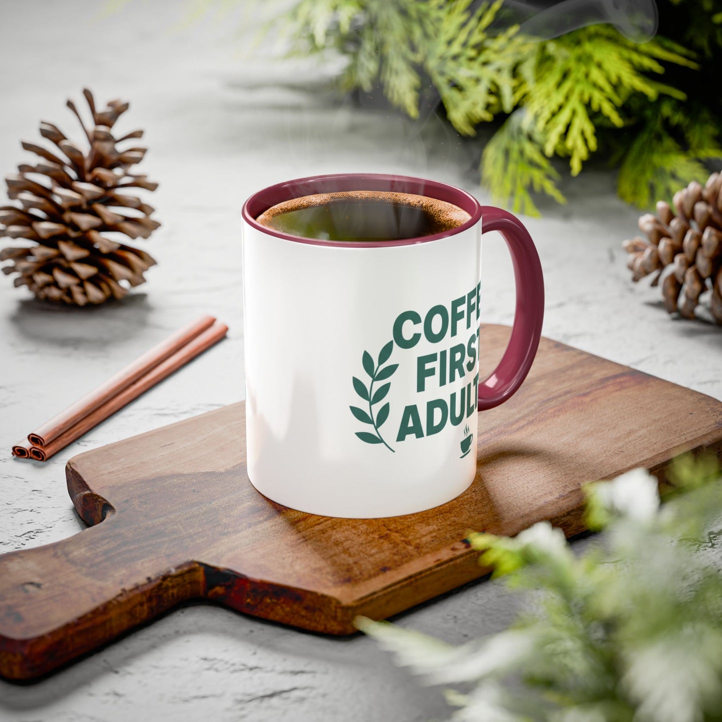 Funny Coffee Mug "Coffee First, Adulting Later" Color Accent Ceramic Mug