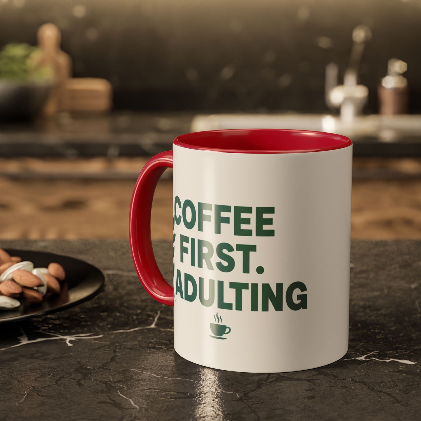 Funny Coffee Mug "Coffee First, Adulting Later" Color Accent Ceramic Mug