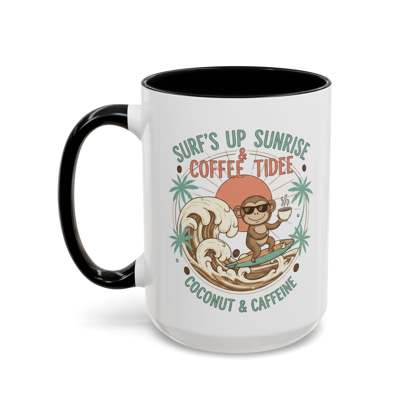 Coffee Mug “Surf’s Up Sunrise: Coconut & Caffeine” Tropical Surf Monkey Accent Mug